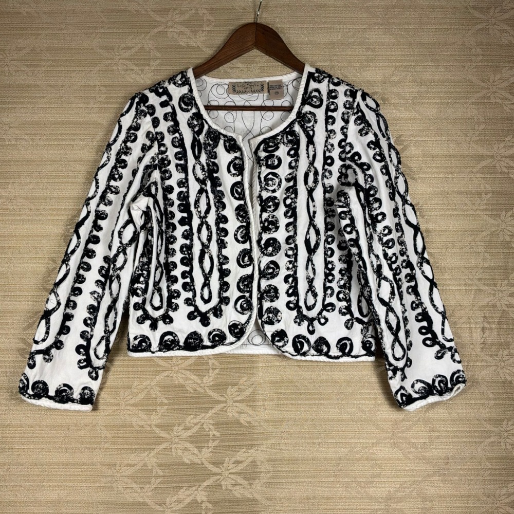 Life Style Petite Jacket Womens PM White Black Excellent Cotton Embroidered